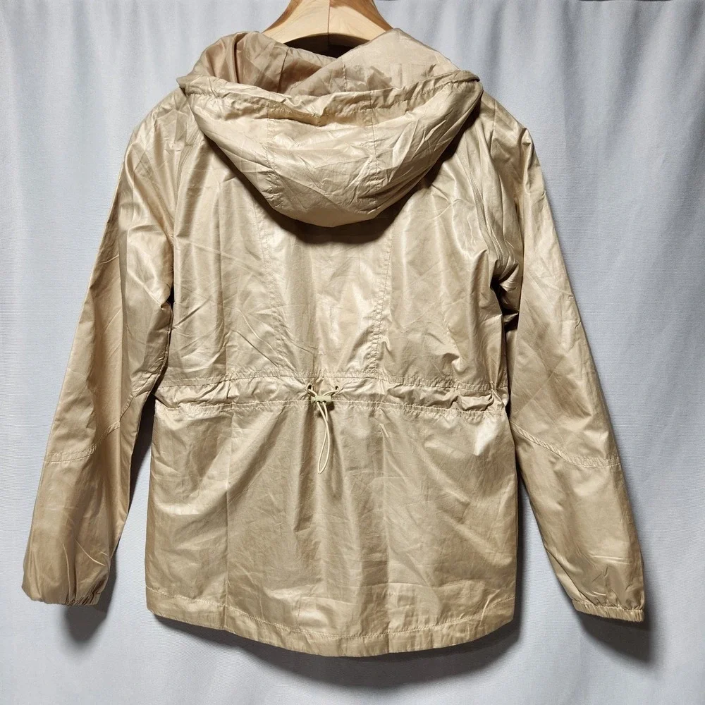 womens ALPHALETE‎ Windbreaker Jacket Beige full-zip Hooded cinch waist XS